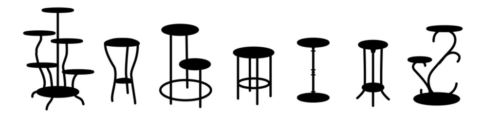 A set of flower stands, home decor. Hand-drawn, linear black-and-white sketch. Vector illustration