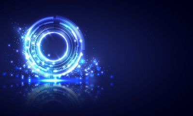 Glowing HUD circle. Light , ray and sparking ring. Colorful tunnel. Bright border. Magic portal. Luminous electron and glint swirling. Fireworks model. Abstract circle neon light background