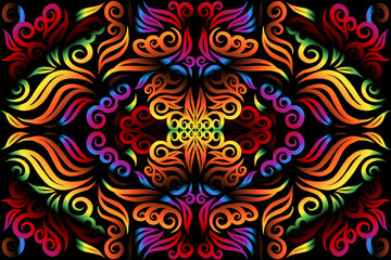 Beautiful glow rainbow colour caleidoscope gradient flower line art pattern wallpaper of indonesian traditional abstract batik  ethnic dayak ornament for commercial  ads