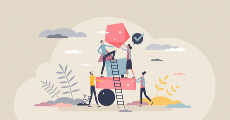 Fototapeta na wymiar Diverse team as different geometrical shapes puzzle tiny person concept. Colleague teamwork and partnership for effective business results vector illustration. Employee work with project process.