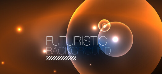 Shiny neon geometric abstract background. Glowing lights on round shapes, triangles and circles. Wallpaper for concept of AI technology, blockchain, communication, 5G, science, business