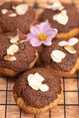 Fresh baked keto snickerdoodle cookies with dark chocolate and flaked almonds.
