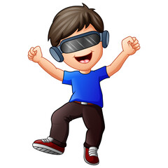 Cartoon boy playing cyber game, learning, fantasy experience for children