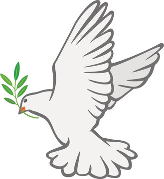 オリーブの葉をくわえて羽ばたいている1羽の白鳩のイメージイラスト