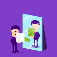 Business concept illustration. A hard worker sees himself earning a lot of money in the mirror. Suitable for business illustration