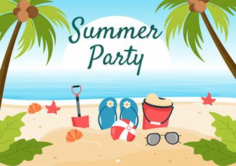 Summer Party Cartoon Background Illustration with Tropical Plants, Equipment on the Beach for Poster or Greeting Card Design - obrazy, fototapety, plakaty