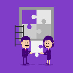 Fototapeta na wymiar Business concept illustration. A man and a woman work together to solve a problem. Teamwork concept. Suitable for business illustration