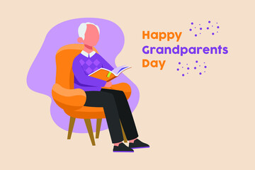 Grandfather is reading a book in hand on the chair. Grandparents day. Colored flat vector illustration isolated.