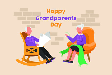 Grandfather is reading a book on the rocking chair and grandma is sewing  green scarf. Happy Grandparents day. Colored flat vector illustration isolated.