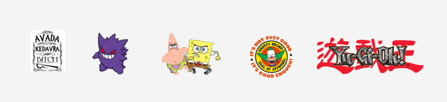 Arts and design logo bundle: Gengar logo, Sponge Bob logo, Avada Kedrava logo, Yu-Gu-Oh! logo, The Simpsons logo, Arts and design logo vector illustration. Isolated vector logo.