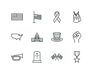 Memorial day and veterans day outline icon set with flag and military vector icons - obrazy, fototapety, plakaty