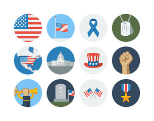 Memorial day and veterans day flat circle icon set with flag and military vector icons - obrazy, fototapety, plakaty