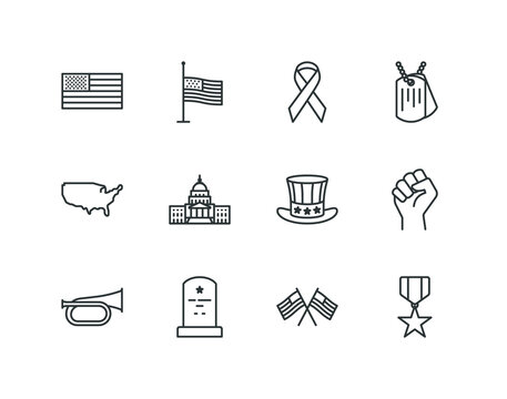 Memorial day and veterans day outline icon set with flag and military vector icons