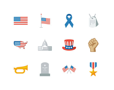 Memorial day and veterans day flat icon set with flag and military vector icons