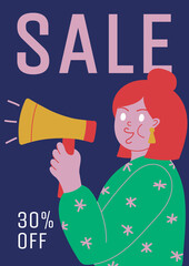 Sale banner in flat style. 30% discount. A woman on a dark blue background screams into a bullhorn. Vector illustration.