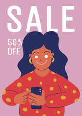 Sale banner in flat style. 50% discount. A woman on a pink background makes purchases on a smartphone. Vector illustration.