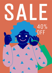 Sale banner in flat style. 40% discount. A woman holds a shopping bag and shows class. Vector illustration.