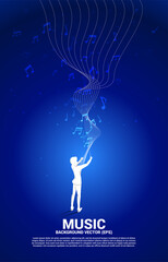 Vector silhouette of conductor standing with flying music note . Concept background for orchestra concert and recreation.