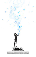 Vector silhouette of conductor standing with flying music note . Concept background for orchestra concert and recreation. - obrazy, fototapety, plakaty