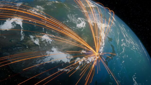 Earth in Space. Orange Lines connect Seoul South, Korea with Cities across the World. Worldwide Travel or Networking Concept.