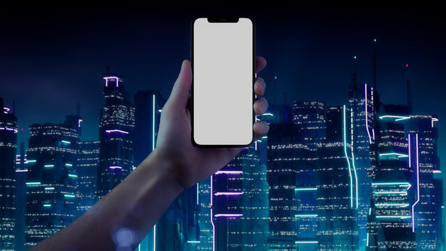 Sci-fi Cell Phone Template, with Purple and Cyan neon Metropolis Backdrop.