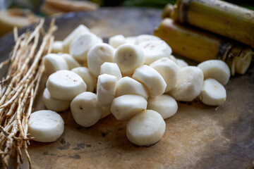 Close-up of water chestnuts, one of the raw materials of choke root, bamboo and sugarcane water for Guangdong traditional herbal tea