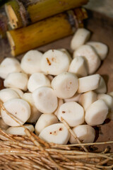 Close-up of water chestnuts, one of the raw materials of choke root, bamboo and sugarcane water for Guangdong traditional herbal tea