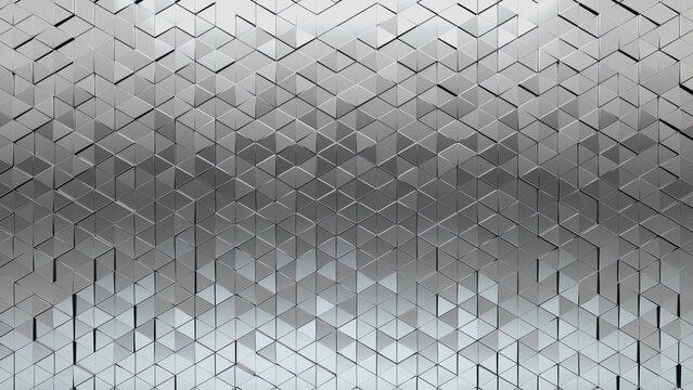 Triangular, Silver Mosaic Tiles arranged in the shape of a wall. 3D, Polished, Bullion stacked to create a Glossy block background. 3D Render