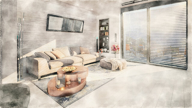 Watercolor Painting of a Sofa Inside a Sunny Apartment