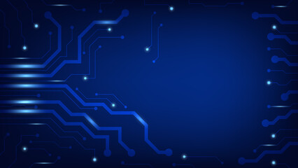Obraz premium Hi-tech digital circuit board. AI pad and electrical lines connected on blue lighting background with copy space. futuristic technology design element concept