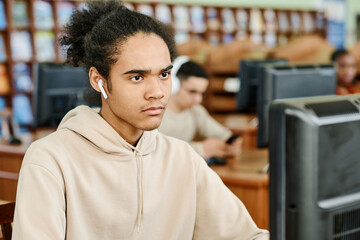 Fototapeta premium Young gen Z Black man wearing earphones sitting at desk in university library working on desktop computer and listening to music