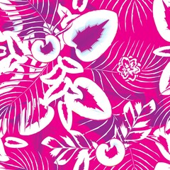 Flowers and tropical leaves in artistic monochrome living pink color. Summer seamless vector beach wallpaper on abstract background. Monochromatic stylish floral pattern tropic. Summer design