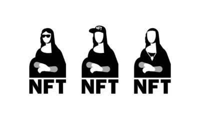 NFT art collection with Mona Lisa. Black and white NFT character set with Mona Lisa silhouette.