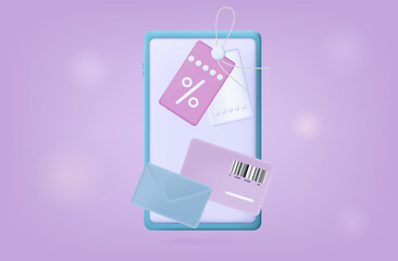 3d discount coupon, phone. Card, gift or certificate in an envelope. Online purchase in the smartphone application, online payment according to the loyalty program. Vector banner with percent icon.