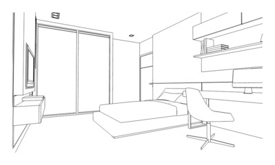 line drawing of bedroom,Modern design,3d rendering