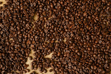 Roasted Arabica Coffee Beans On Burlap Sack.