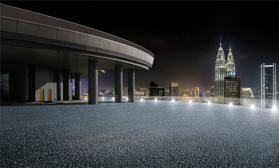 Rooftop view urban cityscape skyline night scene with empty asphalt floor on front. 3D Rendering