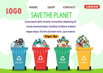 Recycling landing web page.bins and garbage in web conversion and use of secondary raw materials. Waste, wastrel, recycling, bin, recycling symbol.