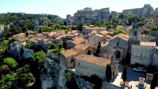 Les Baux de Provence village on the rock formation and its castle. France, Europe. Drone view