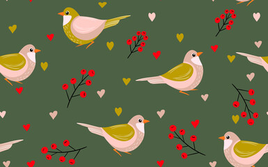 Seamless pattern with funny colorful birds, flowers, leaves and berries. Color flat vector illustration with little cartoon bird. Cute characters. Design for invitation, poster, card, textile, fabric