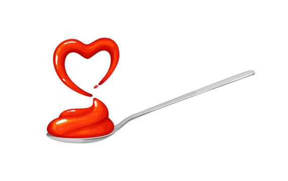 Spoon With Red Tomato Ketchup Sauce Und Heart Shaped Splash.Realistic Vector