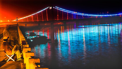 Fishing Hun River Jiangqun Bridge Liaoning China Night - obrazy, fototapety, plakaty