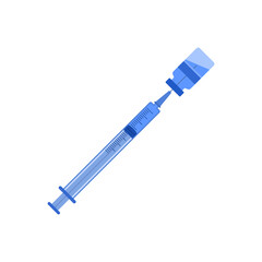 Vial and syringe with needle. Vaccination, injection concept. Blue color. Isolated on white background. Vector illustration.