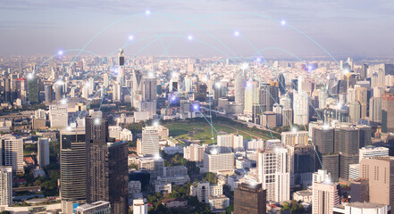 Aerial panolama view,Smart city and dot point connect Modern Telecom System ,Boundless connection technology concept.