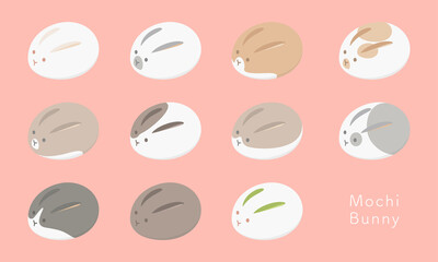Vector illustration of cute rabbit shaped like eggs or mochi isolated on background. Easter bunny.