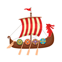 Traditional Viking boat with a striped sail. Vector illustration isolated on white background.