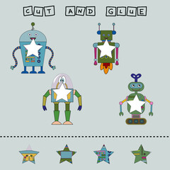 worksheet vector design, the task is to cut and glue a piece on robots.  Logic game for children.