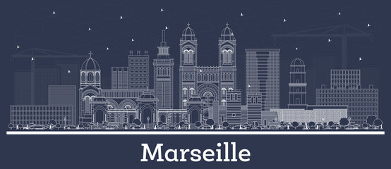 Obraz premium Outline Marseille France City Skyline with White Buildings.