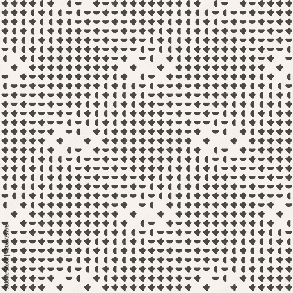 Poster Black background and white dashes. Vector patterned pattern, dash decor.