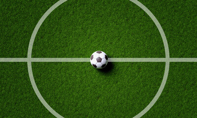Soccer field center and ball in top view background. Sport and athletic concept. 3D illustration rendering © Shutter2U